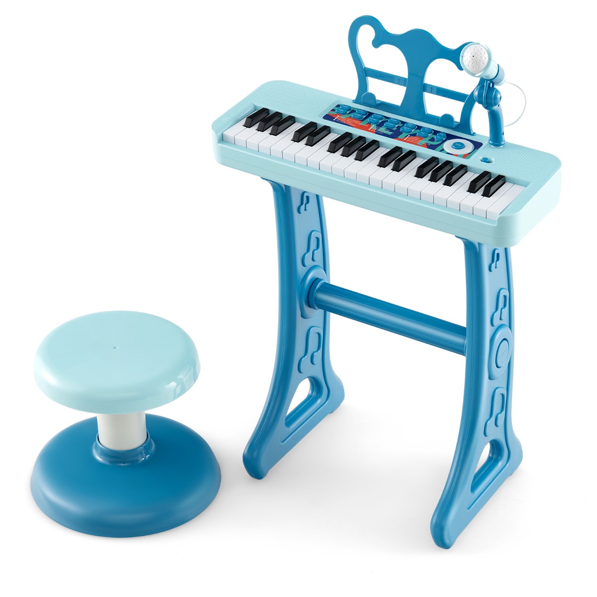 Juguete de Teclado de Piano de 37 Teclas para Niños con Taburete Micrófono Ajustable Atril Extraíble Piano Juguete Electrónico Azul Costway
