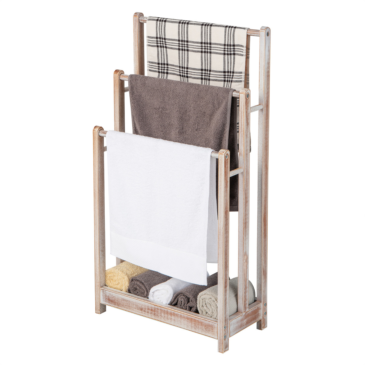 Toallero de Madera de Pie de 3 Niveles con Estante Inferior Soporte de Secado para Baño 45 x 22 x 86 cm Blanco Costway