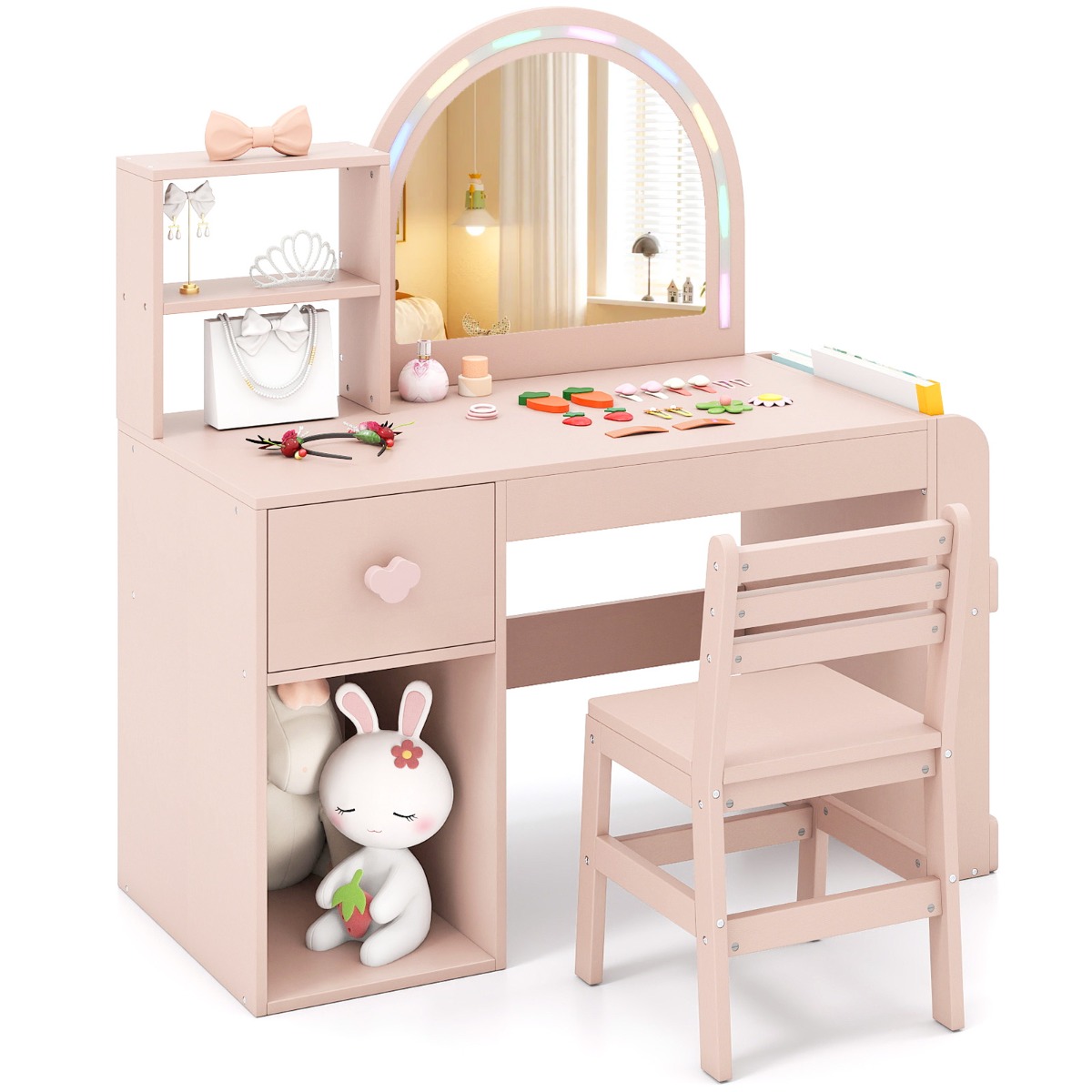 Tocador de Maquillaje Infantil con Espejo Iluminado Luces y Estantes Set de Mesa y Silla con Estantería Abierta y Cajón Rosa Costway
