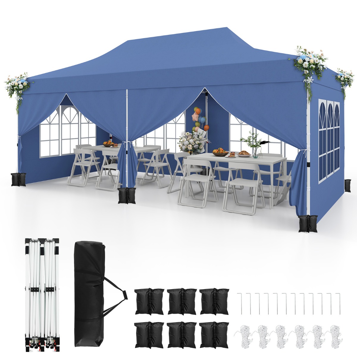 Toldo de 600 x 300 cm con 6 Paredes Laterales Desmontables Carpa con Bolsa de Transporte Dosel Emergente para Fiestas Barbacoa Azul Costway