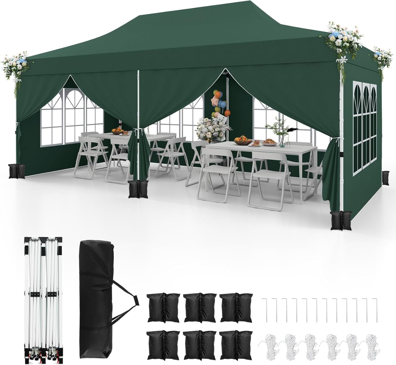 Toldo de 600 x 300 cm con 6 Paredes Laterales Desmontables Carpa con Bolsa de Transporte Dosel Emergente para Fiestas Barbacoa Verde Costway