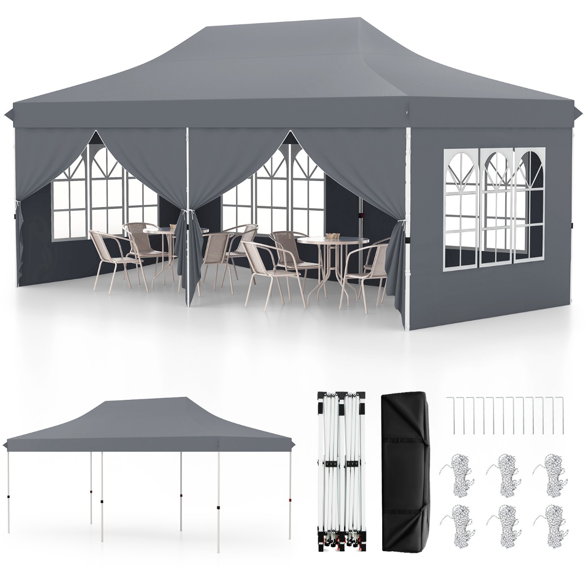 Toldo de 600 x 300 cm con 6 Paredes Laterales Desmontables Carpa con Bolsa de Transporte Dosel Emergente para Fiestas Bodas Barbacoa Gris Costway