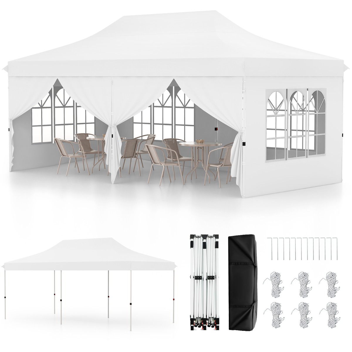 Toldo de 600 x 300 cm con 6 Paredes Laterales Desmontables Carpa con Bolsa de Transporte Dosel Emergente para Fiestas Bodas Barbacoa Blanco Costway