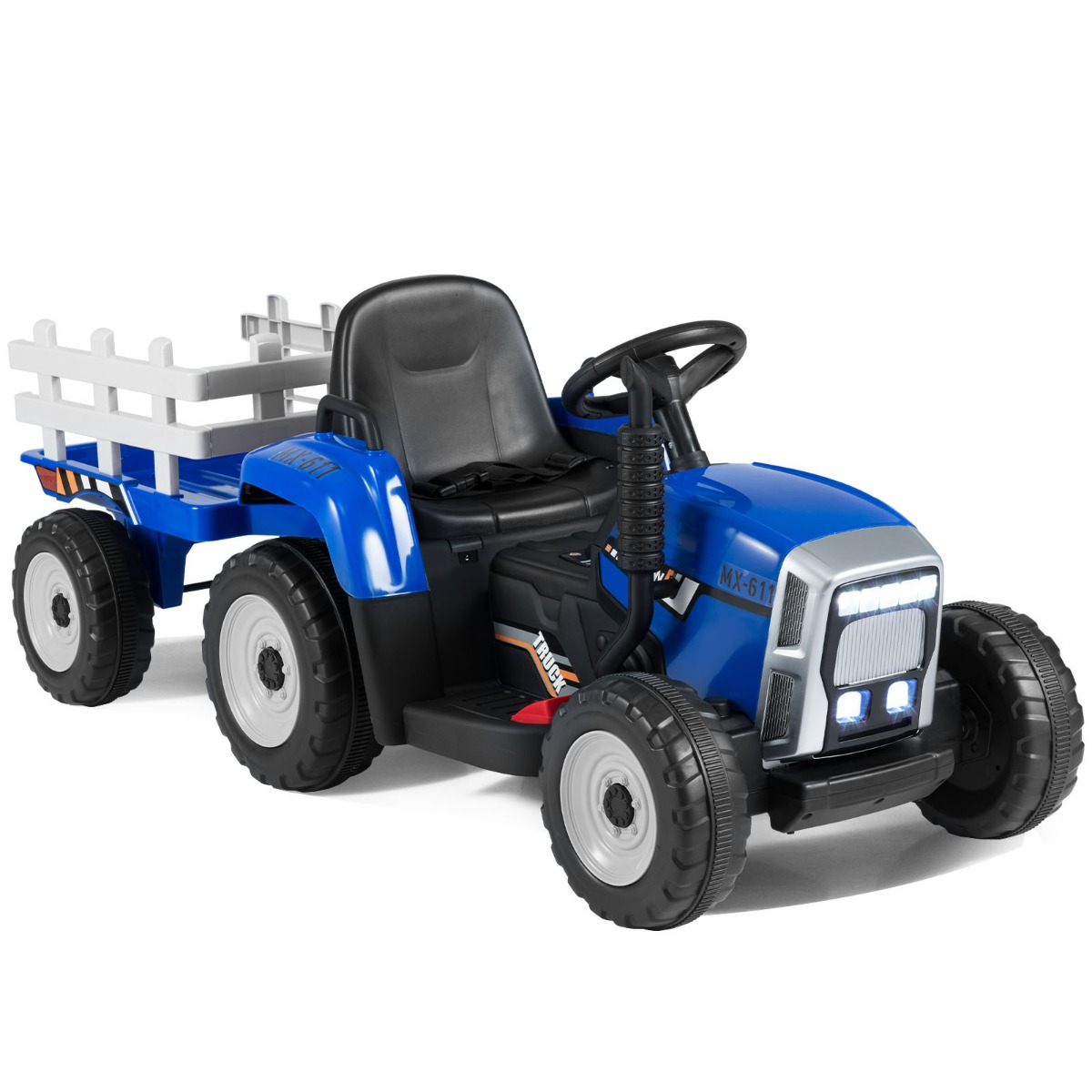 Tractor con Remolque para Niños con Mando 2.4 G 3 Marchas y Luces LED hasta 30kg 135 x 51 x 53 cm Azul Costway