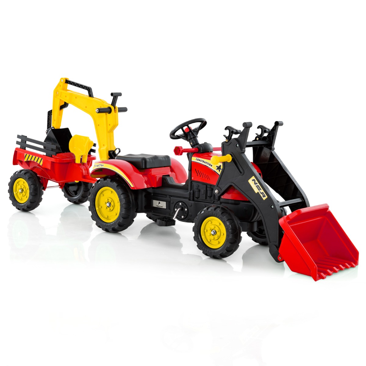 Excavadora de Juguete con 6 Ruedas Pedales Remolque de Carga Desmontable para Niños 3-6 Años Rojo Costway